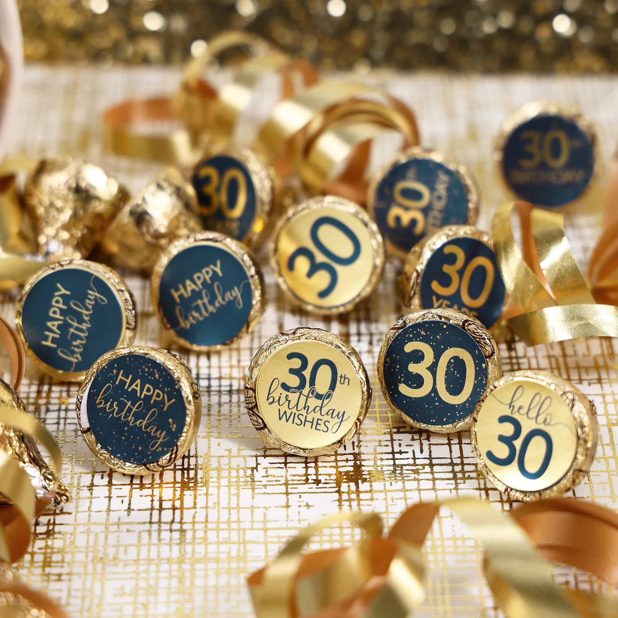 30th Birthday: Navy Blue & Gold  - Adult Birthday - Hershey's® Kisses Candy Stickers - 180 Stickers