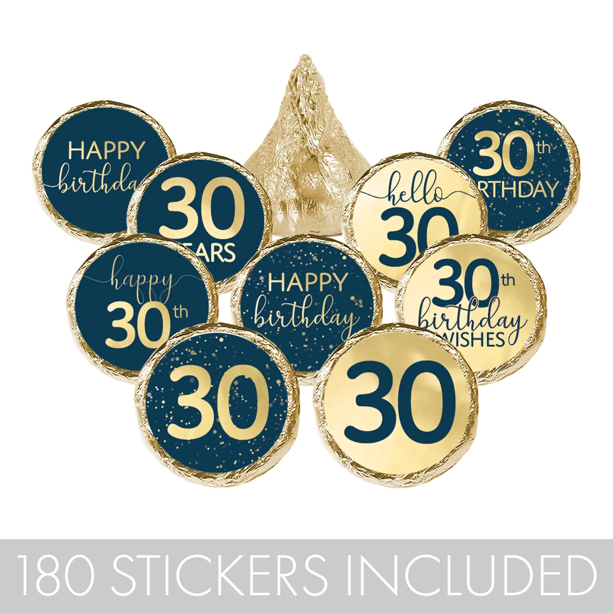 30th Birthday: Navy Blue & Gold  - Adult Birthday - Hershey's® Kisses Candy Stickers - 180 Stickers