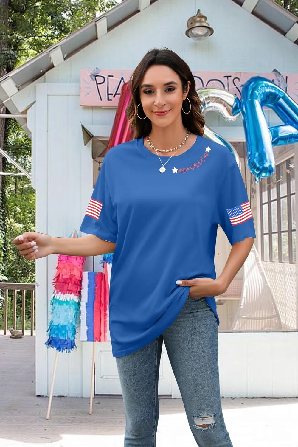 4th of July Shirts Women USA Shirt American Flag Shirt Oversized Patriotic American Pround Tee Independence Short Sleeve Top