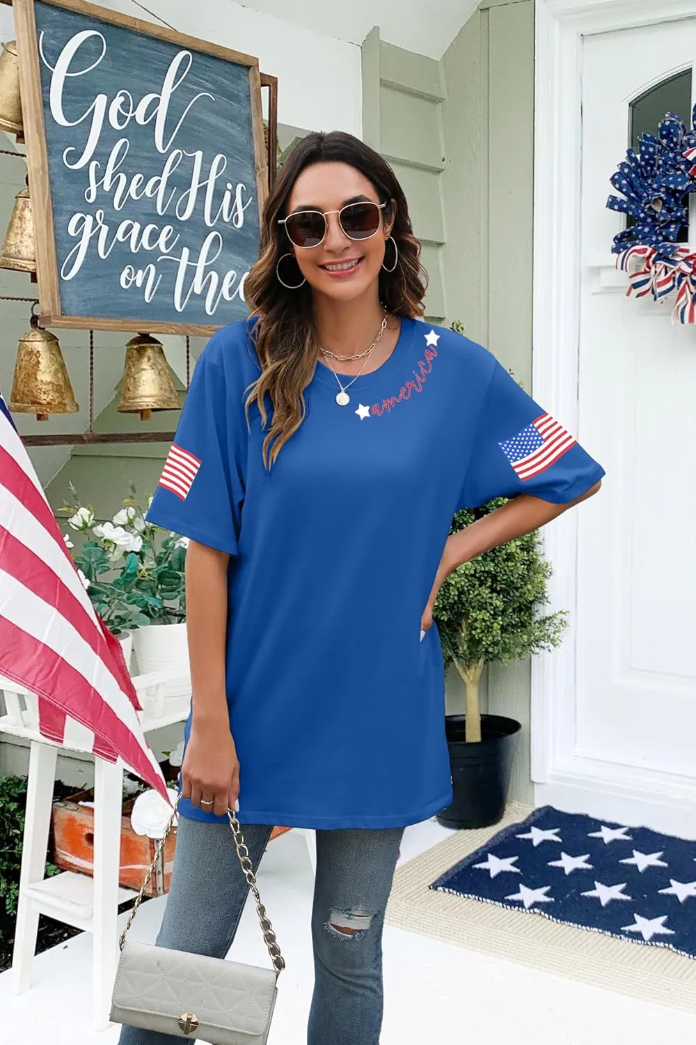 4th of July Shirts Women USA Shirt American Flag Shirt Oversized Patriotic American Pround Tee Independence Short Sleeve Top
