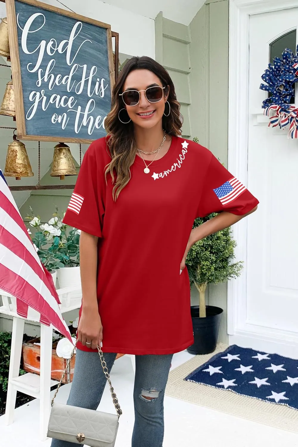 4th of July Shirts Women USA Shirt American Flag Shirt Oversized Patriotic American Pround Tee Independence Short Sleeve Top