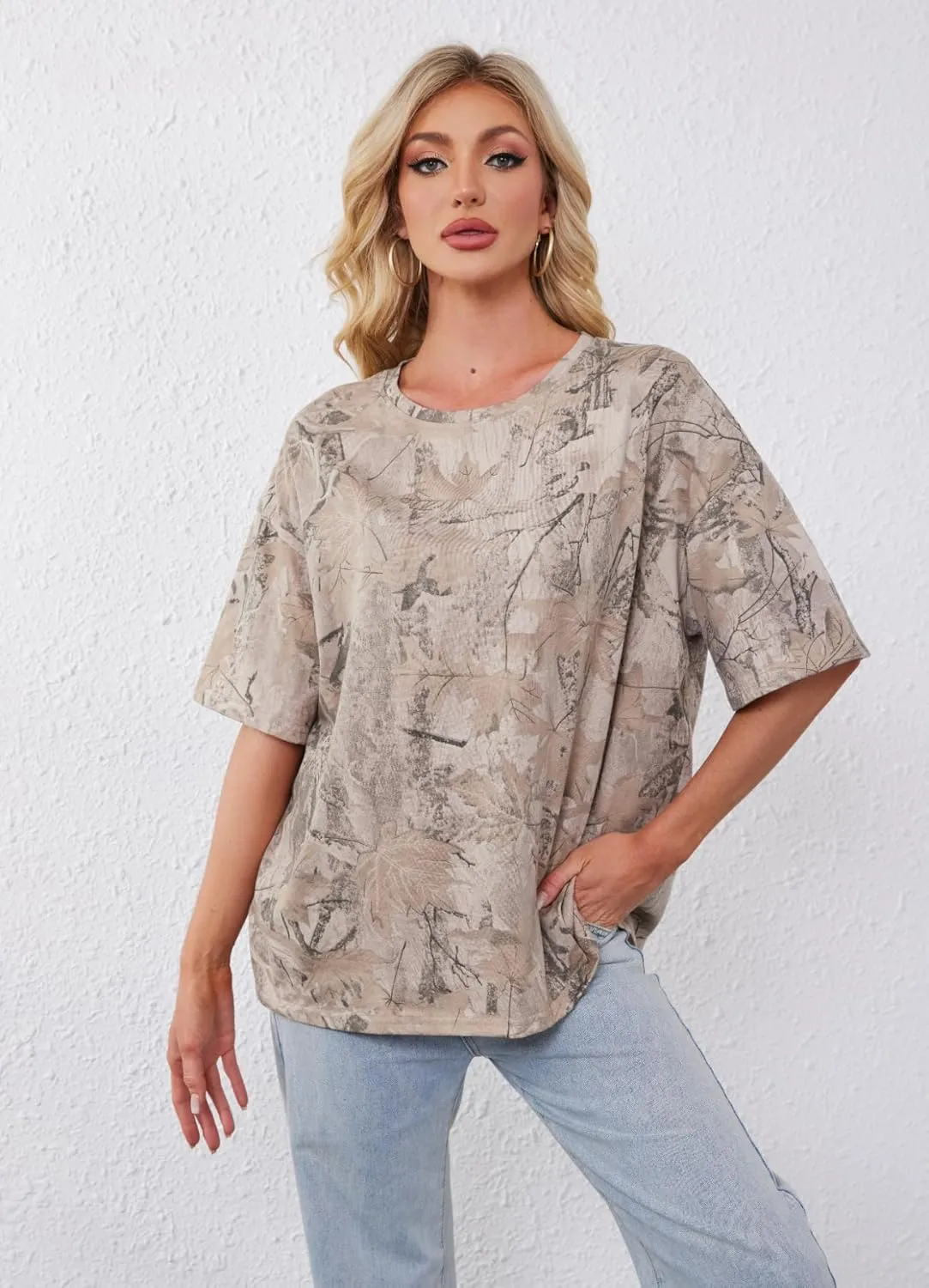 Camo Shirt for Women Mens Maple Leaf Print Camouflage T Shirt Summer Short Sleeve Oversized Camo Tee Shirts Tops