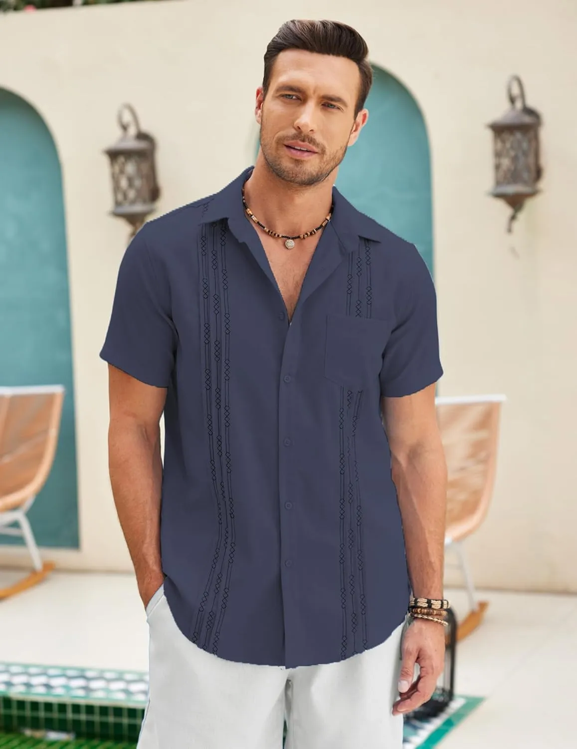 COOFANDY Mens Cuban Guayabera Shirt Short Sleeve Linen Button Down Shirts Casual Summer Beach Tops