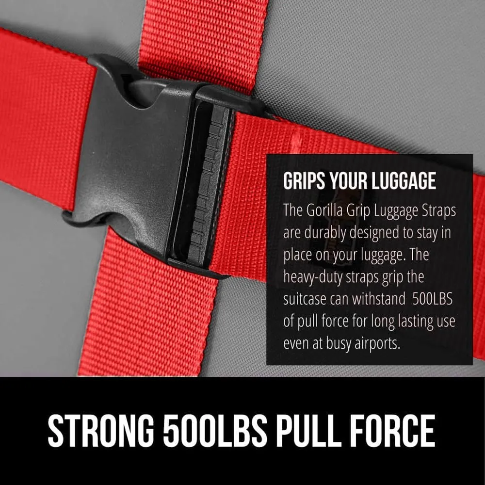 GORILLA GRIP Heavy Duty 4 Pack Adjustable Luggage Straps for Suitcases, Easy to Identify Travel Belt Connector Holds Suitcase Together, Extends Life of Bag, Strap Connects Two Bags, Accessories Red