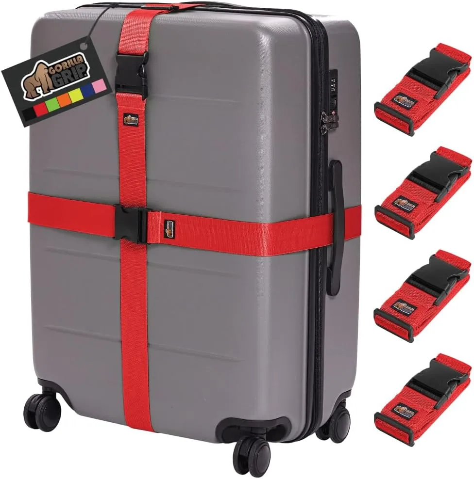 GORILLA GRIP Heavy Duty 4 Pack Adjustable Luggage Straps for Suitcases, Easy to Identify Travel Belt Connector Holds Suitcase Together, Extends Life of Bag, Strap Connects Two Bags, Accessories Red
