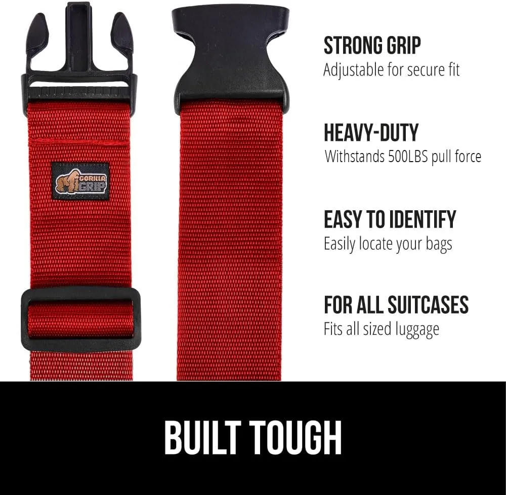 GORILLA GRIP Heavy Duty 4 Pack Adjustable Luggage Straps for Suitcases, Easy to Identify Travel Belt Connector Holds Suitcase Together, Extends Life of Bag, Strap Connects Two Bags, Accessories Red