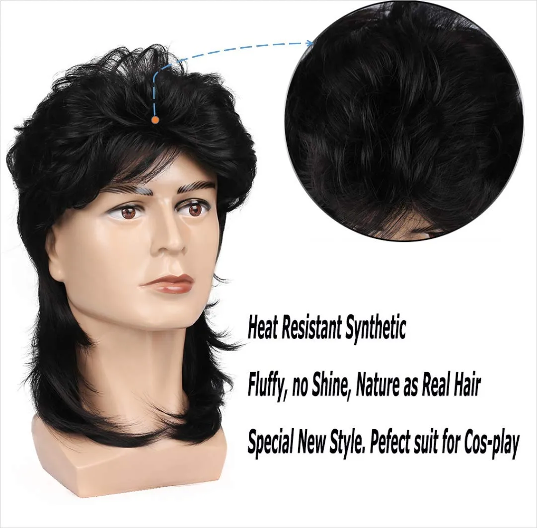Kaneles Black Mullet Wigs for Men 70s 80s Costumes Mens Fancy Party Accessory Cosplay Hair Wig