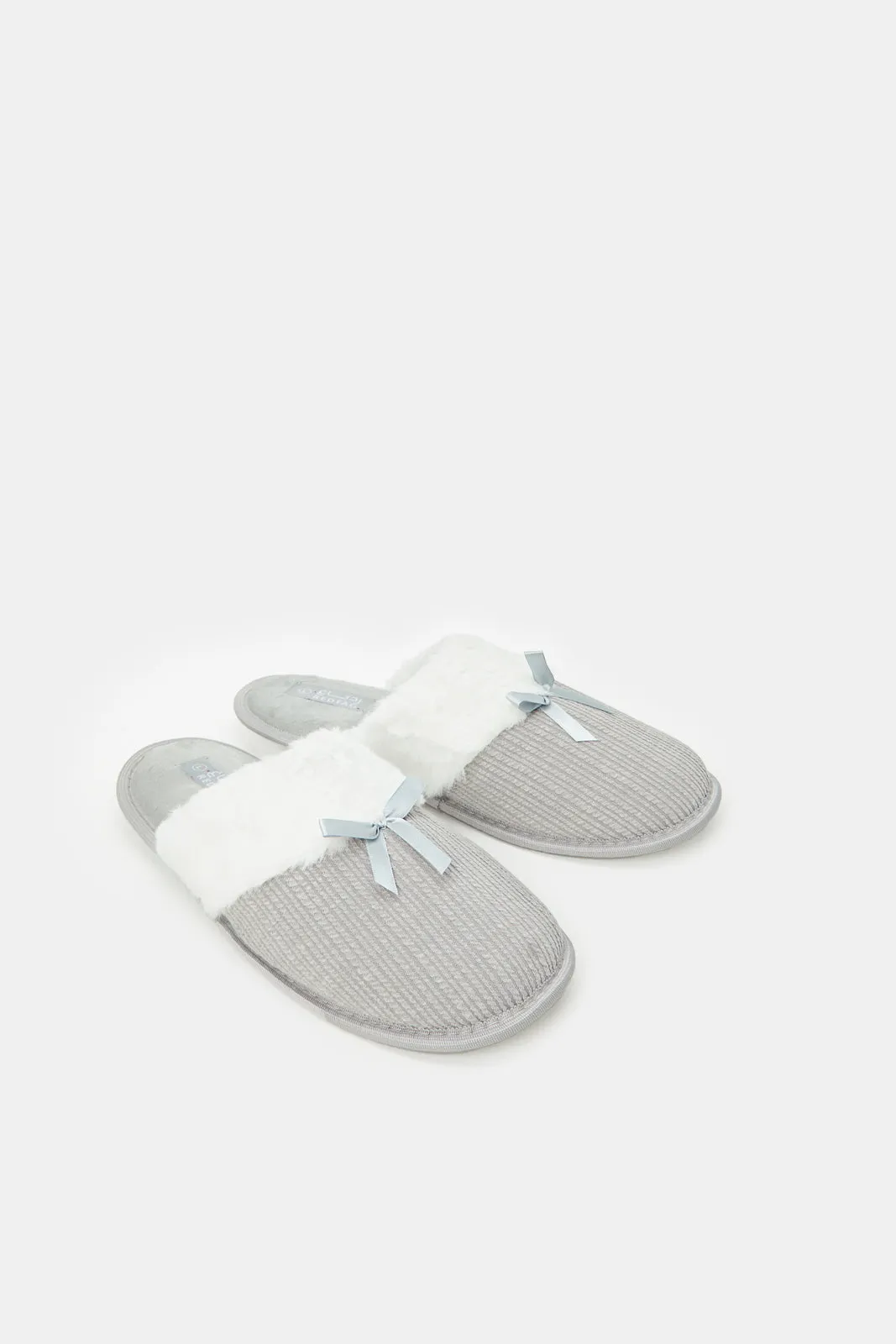 Women Grey Fur Trim Slippers
